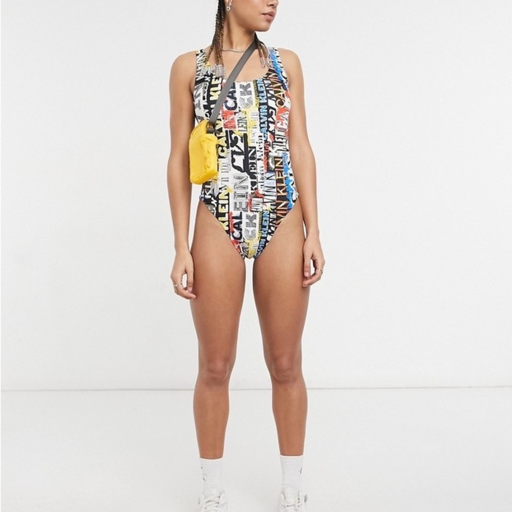 Calvin Klein Logo Print Multi Color One Piece Swim Suit Bathing Suit Deep Back
